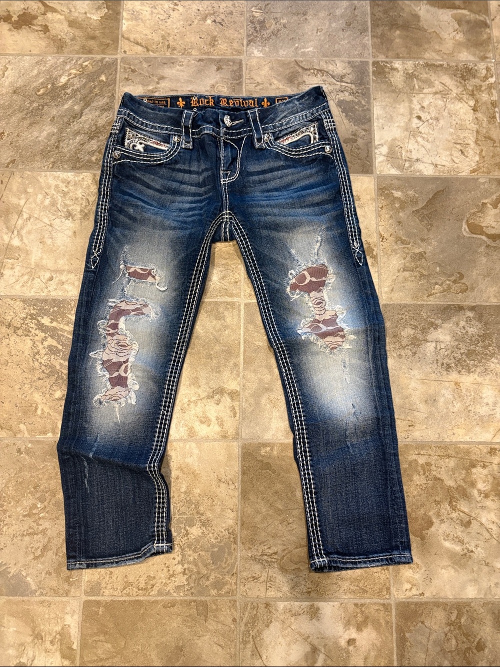 Custom Rock Revival Blue Denim Jeans with Patch Distressing